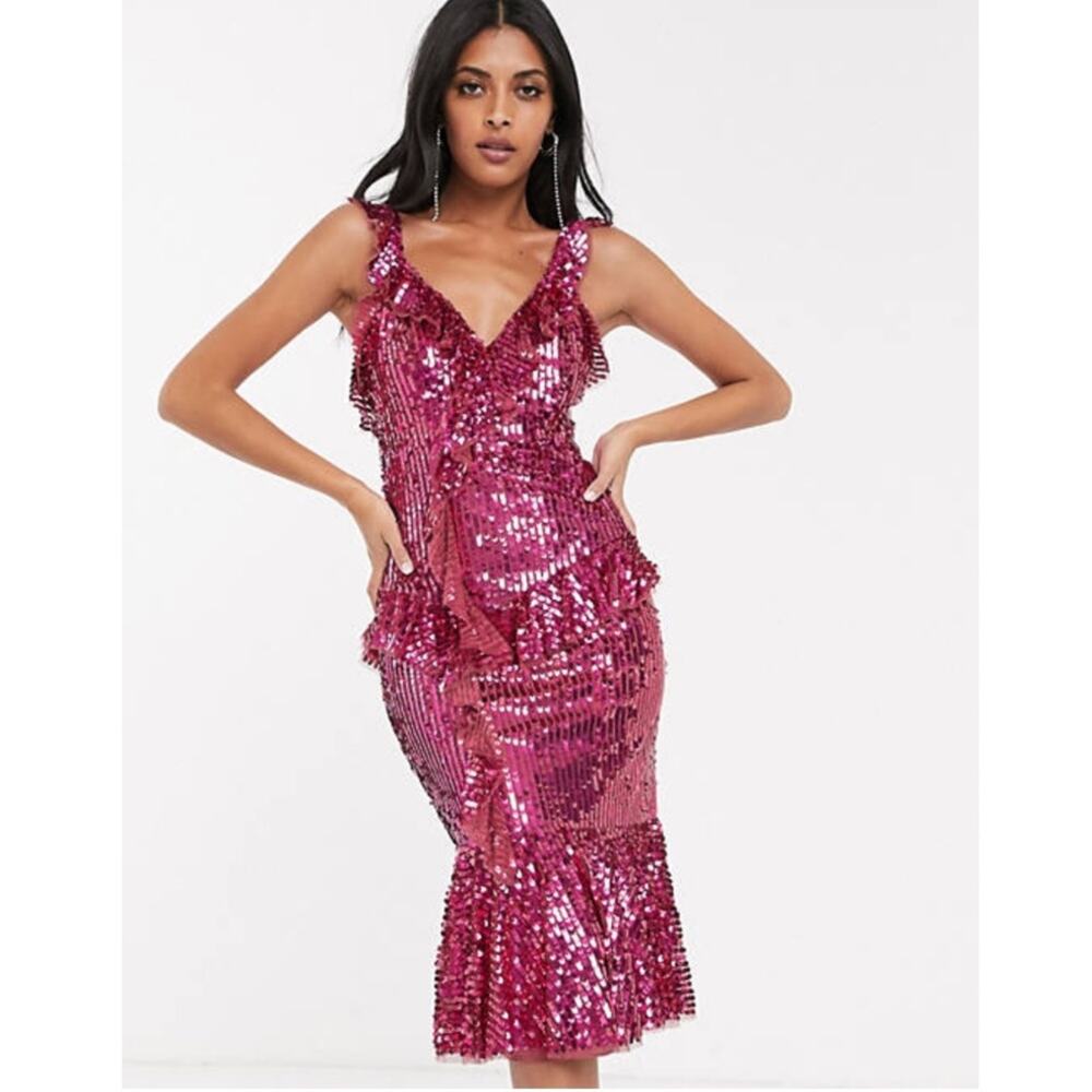 NWT Needle & Thread Berry Raspberry Sequin MIDI Dress 0
